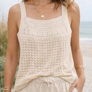 J.Jill Crochet Knit Tank Top Flax Beige Boho Coastal Grandma Summer NWT M